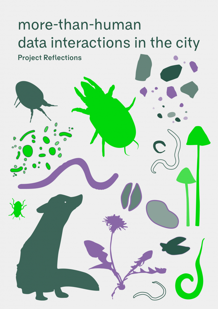 Image of the front cover of the project reflections booklet. Text says "more-than-human data interactions in the city, project reflections". Block images of different species and groups of species including dog, nettle, worm, fungi, bacteria