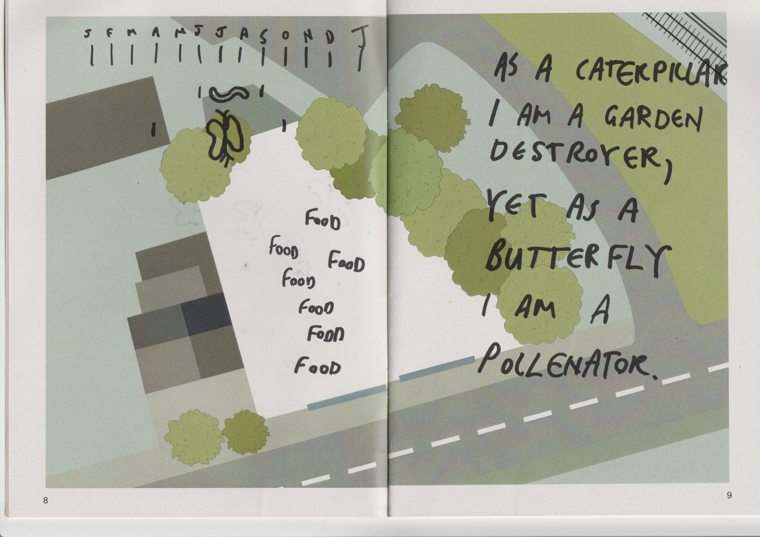 image from a completed activity book: block colours outlining a map of a garden space. Participant has written in black marker: "As a caterpiller I am a garden destroyer, yet as a butterfly I am a pollenator.