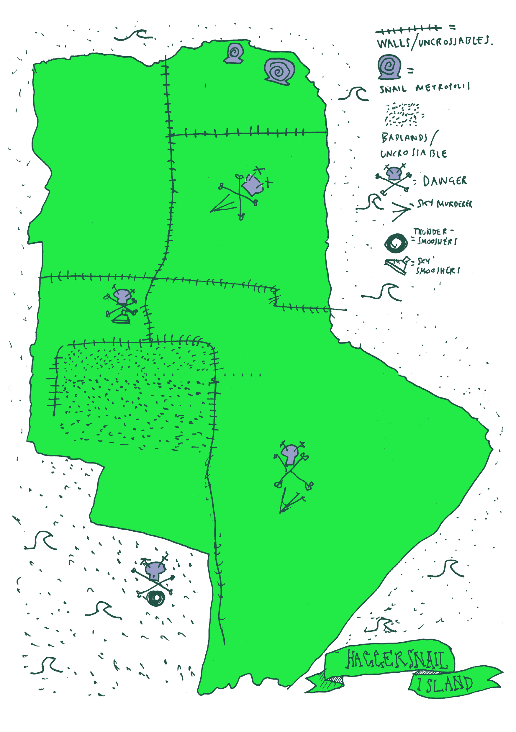 Map drawing of haggerston park, with the caption "Haggersnail Island". The map is in fluro green, and in the middle are areas marked out with purple skull and cross-bones.  A legend on the side indicates areas of "walls/uncrossables; snail metropolis; badlands/uncrossable; danger; sky smooshers;